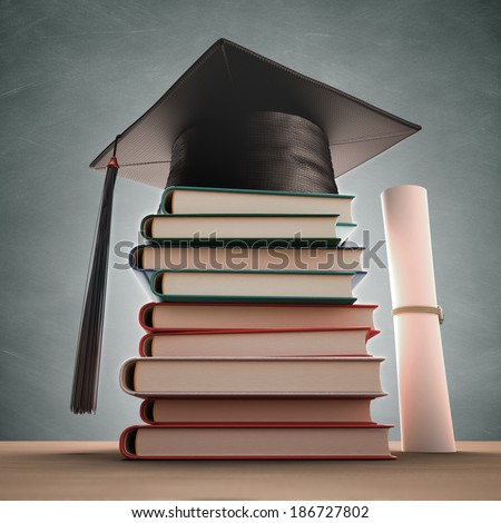 Graduation cap over the pile of books with blackboard on background. Clipping path included.
