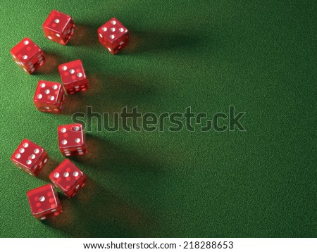 Red dice on green table. Your text on the empty space. Clipping path included.