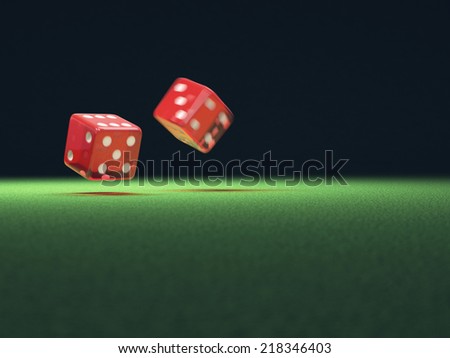 Two red dice thrown on green table. Your text on the empty space.