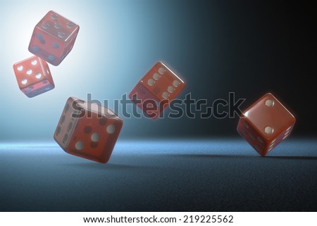 Red dices thrown on the blue table. Clipping path included.