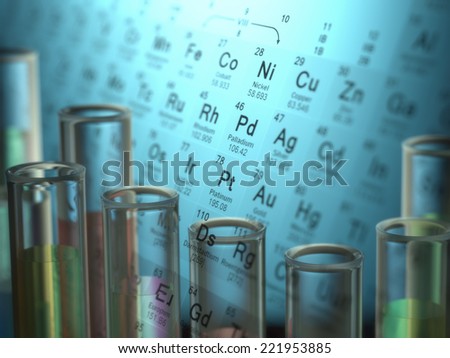 Test tubes with chemical elements inside and periodic table on background.