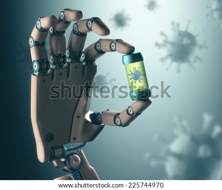 Robotic hand manipulating virus. Concept of technology in combating infectious diseases. Clipping path included.