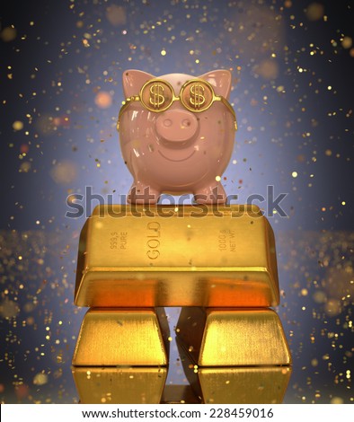 Piggy bank on top of gold ingots under rain of gold confetti. Concept of success in saving.
