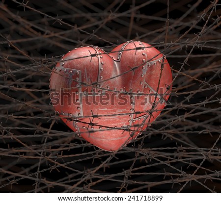 Metal heart with barbed wire around.