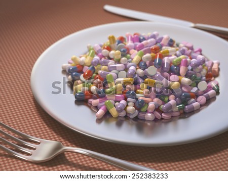 Dish full of medicines and supplements instead of food.