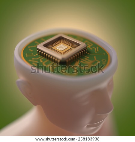 Microprocessor in the head. Concept of science and technology.