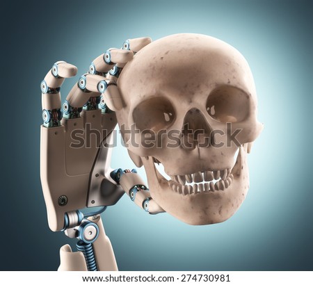 Robotic hand holding a human skull. Clipping path on the skull.