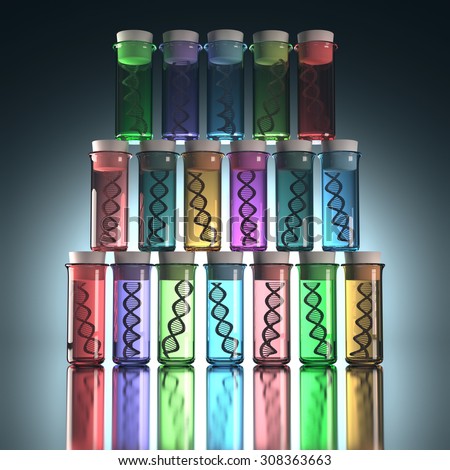 Colored test tubes with genetic codes inside. Concept of copy and genetic alteration. Clipping path included.