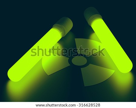 Test tubes with radioactive product illuminating radiation signal. Clipping path included.