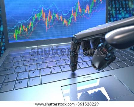 Robot hand, ordering on a laptop keyboard, an exchange trade. Robot trading system is a computer trading program that automatically submits trades to an exchange without any human interventions.