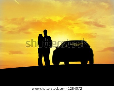Couple beside the car (silhouette).