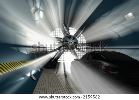 Wind tunnel for car test with light on background.