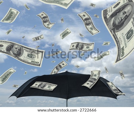 Wealth idea in a metaphor of rain of dollars. Bill of 100 dollars only.