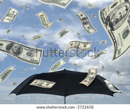 Wealth idea in a metaphor of rain of dollars. Bill of 100 dollars only.