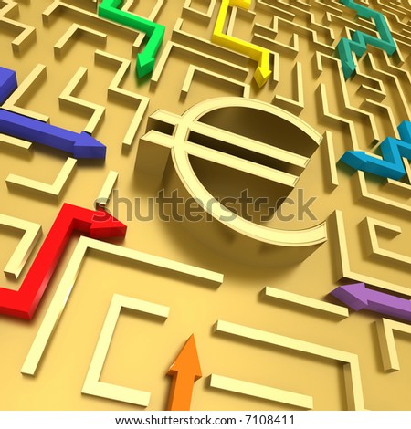 Business Concept. The arrows represent the various ways to achieve business success and the labyrinth represents the difficulties.