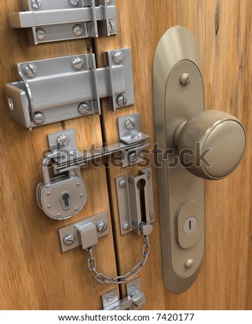 Security Concept. Many lock in only one door.