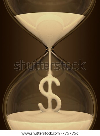 Time is Money (hourglass). The sand falls forming the dollar sign. Concept of business. The dark background makes a contrast to sand.