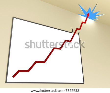 Line Graph (Angle 2 - Horizontal). The line graph leaves the whiteboard, passing the ceiling toward the sky. Concept of business and finances in growth.
