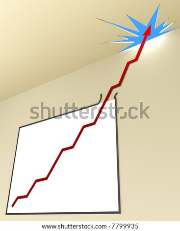 Line Graph (Angle 1 - Vertical). The line graph leaves the whiteboard, passing the ceiling toward the sky. Concept of business and finances in growth.