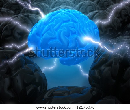Concept of leadership. The brain in the center, has the power to lead. The light and rays represent the power to the others dark and without life brains.