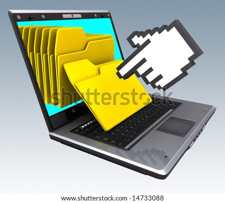 Notebook Files (Hand). Several files coming from inside of the screen. Concept of business organization.