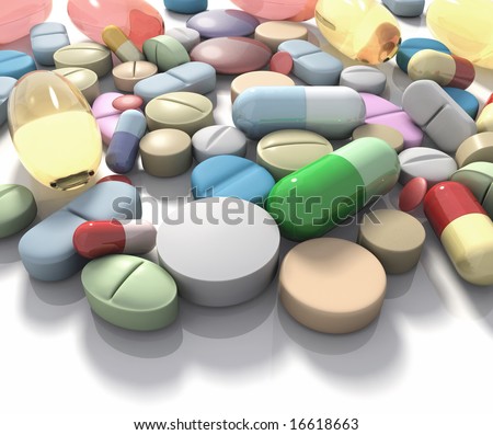 Drugs / Supplement. Spilled pills of drug or alimentary supplement. Concept of Health and Disease.