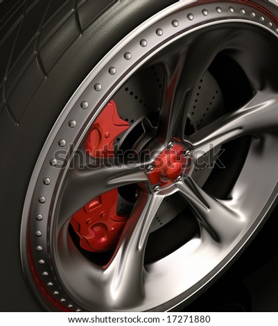 Close of chromed wheel with red details. Exclusive design, good to use without reference of mark.