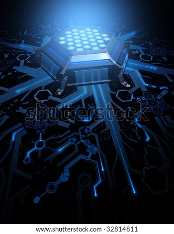 Abstract Circuit. Concept of technology and future. CPU (Central Processing Unit) in the center of the hexagonal circuit.