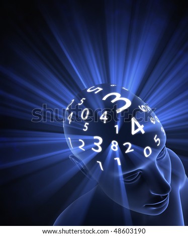 The head is thinking in numbers. The light represents the energy, the power of mind in the processing.