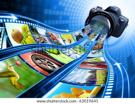 Professional camera takes pictures The film strip of pictures enter through the lens Exclusive Design Design Concept . Professional camera takes pictures The film strip of pictures enter through the lens Exclusive Design Design Concept .