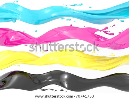 Definition of CMYK color system. Four colors in the form of liquid on a white background.