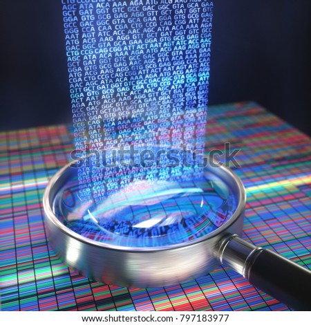 3D illustration. DNA Sanger Sequencing and a Magnifying Glass Showing the DNA codes.