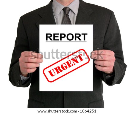 Image of a businessman\'s torso. He is holding a report in front of him, with the word \