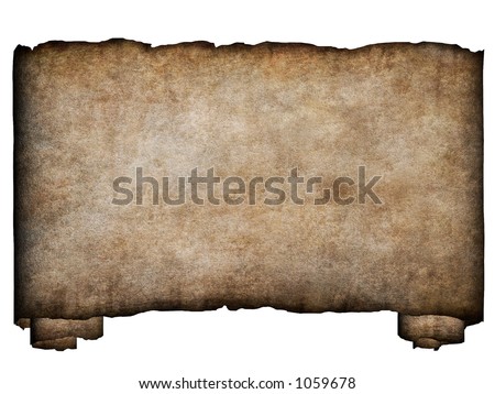 A horizontal manuscript, rough roll of parchment paper with burnt and torn edges background texture