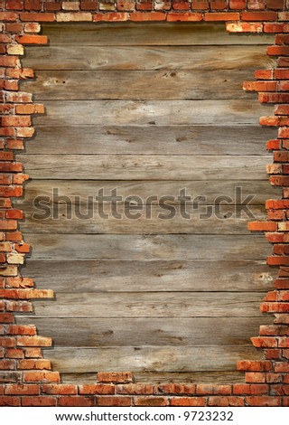 Wooden boards background texture with brick wall framing