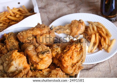 take out food. Fried southern chicken and fries