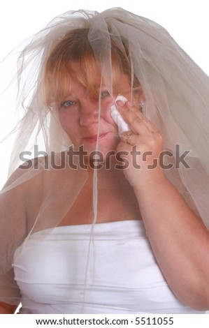 Beautiful blue eyed bride crying in joy.