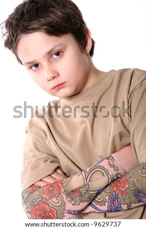 stock photo grumpy young man wearing tattoo sleeves