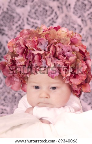 Newborn Baby Girl Pictures on Stock Photo   Newborn Baby Girl Wearing A Pink Floral Hat And Damask