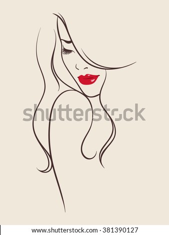 Beauty salon design. Portrait of pretty young woman with long beautiful eyelashes and splendid curly hair. Vector illustration