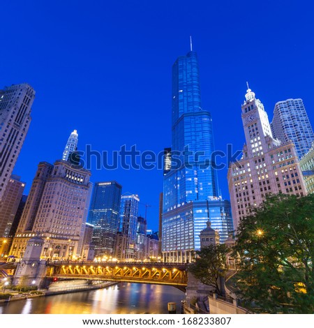 City Of Chicago. Image Of Chicago Downtown And Chicago River With Bridges At Twilight.