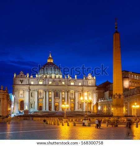 Vatican Italy Rome State Of Religion Christianity Landmark, St Peter Cathedral At Twilight