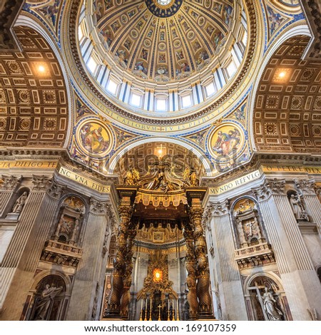 VATICAN CITY, ROME-JUNE 14  :interior of St Peters Basilica one of the holiest Catholic in Vatican City on June 14, 2013. St. Peters is the most famous of Renaissance architecture in Europe.