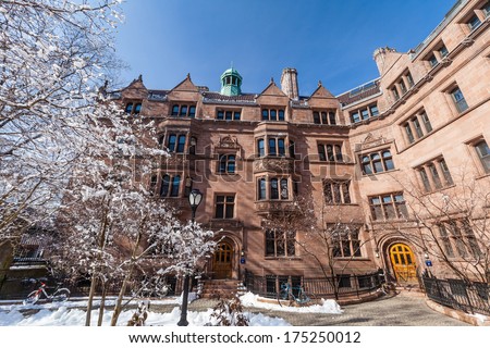 Yale university buildings in winter sunlight with snow and blue sky