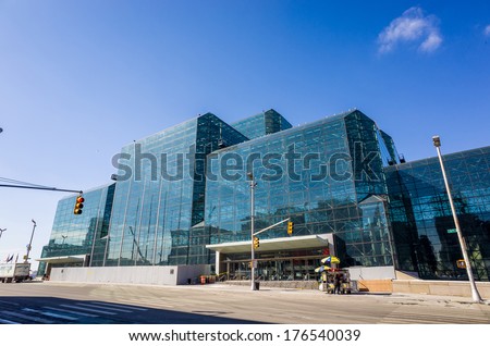 NEW YORK- February 10: Javits Convention Center in Manhattan on February 10, 2014. The convention center has a total area space of 1,800, 000 square ft and has 840,000 square ft of total exhibit space
