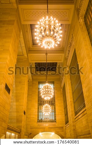 NEW YORK - February 10, 2014: Grand Central Station lamps on the ceiling of Vanderbilt hall on February 10, 2014, in New York City.