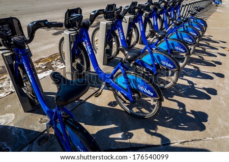 New York City - February 10, 2014: Citi Bike is New York City\'s bike sharing system on February 2014. Intended to provide people with an additional transportation option for getting around the city.