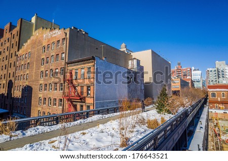 NEW YORK CITY - February 10: High Line Park in NYC on Feb. 10, 2014. In 2009 this former elevated freight railroad spur on NYC\'s west side opened as an aerial park garden and continues to expand.