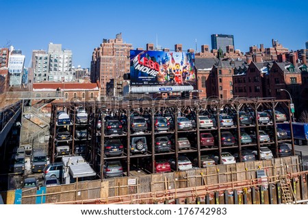 NEW YORK, USA FEBRUARY 10: An automated car parking system on February 10, 2014 in Manhattan, New York City, USA. Automatic multi-story automated car park systems are less expensive per parking slot.