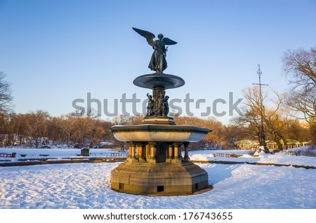 Fountain with an angel statue located in Central Park in New York City USA.